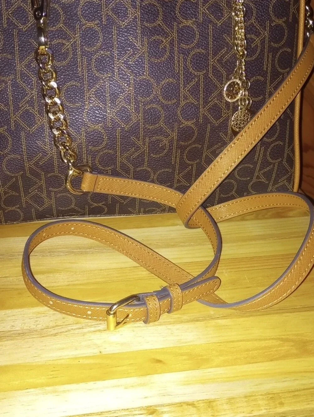 Calvin Klein Brown Monogram Satchel with Tan Trim and Gold Chain